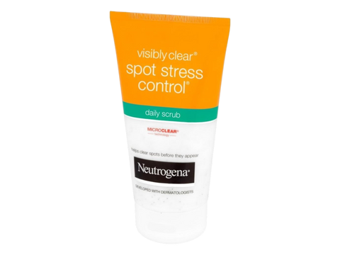 Neutrogena Visibly Clear Daily Scrub 150ml tube, blue and white packaging, isolated on white.