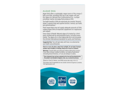 Nordic Naturals Algae DHA 500mg Vegan Omega-3 DHA – 60 Softgels bottle back label with product information