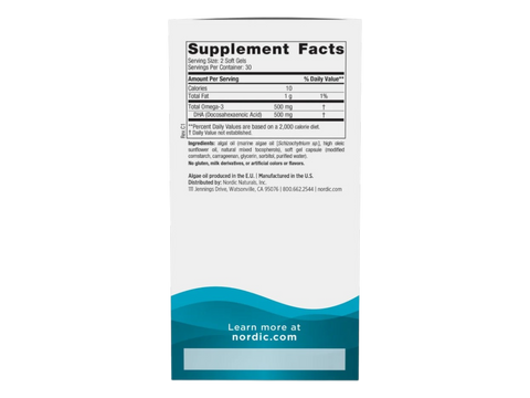 Nordic Naturals Algae DHA 500mg Vegan Omega-3 DHA – 60 Softgels Supplement Facts panel