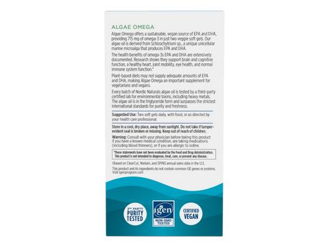 Nordic Naturals Algae Omega-3 Softgels 715mg Vegan Omega-3 EPA & DHA – 60 Softgels bottle with vegan algae omega-3 illustration