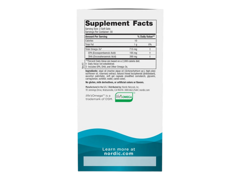 Nordic Naturals Algae Omega-3 Softgels 715mg Vegan Omega-3 EPA & DHA – 60 Softgels Supplement Facts panel