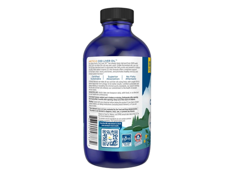 Nordic Naturals Arctic-D Cod Liver Oil 1060mg Omega-3 + D3 Lemon Flavour – 237ml product barcode on bottle packaging