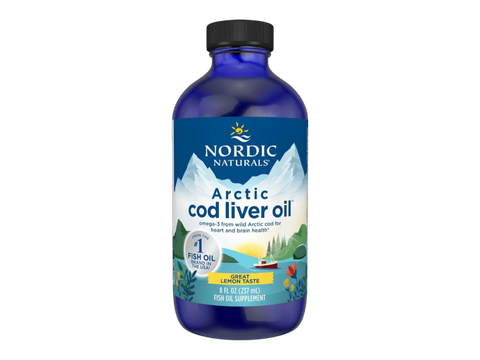 Nordic Naturals Arctic Cod Liver Oil 1060mg Omega-3 + Vitamin A – 237ml Lemon Liquid bottle front label