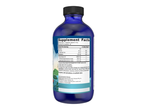 Nordic Naturals Arctic Cod Liver Oil 1060mg Omega-3 + Vitamin A – 473ml Orange Liquid Supplement Facts panel