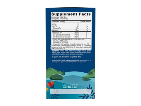 Nordic Naturals Arctic Cod Liver Oil Lemon Soft Gels 750mg Omega-3s – 90 Soft Gels Supplement Facts panel