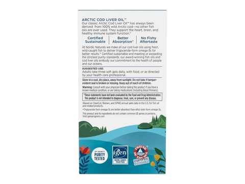 Nordic Naturals Arctic Cod Liver Oil Lemon Soft Gels 750mg Omega-3s – 90 Soft Gels product quality and ingredient information panel