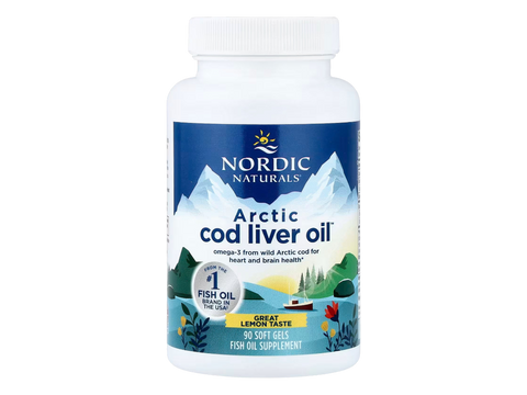 Nordic Naturals Arctic Cod Liver Oil Lemon Soft Gels 750mg Omega-3s – 90 Soft Gels product certifications and sustainability icons