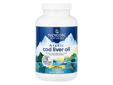 Nordic Naturals Arctic Cod Liver Oil Lemon Soft Gels 750mg Omega-3s – 180 Soft Gels product certifications and sustainability icons