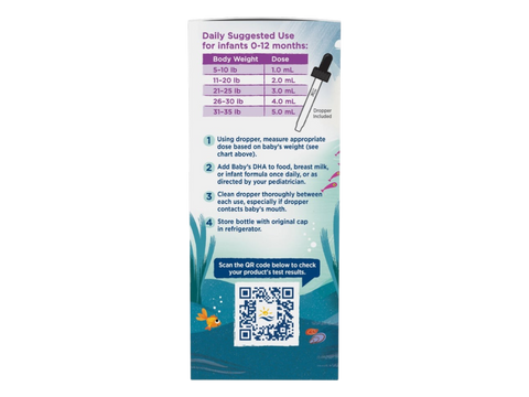 Nordic Naturals Baby DHA Liquid 1050mg Omega-3 + 300 IU D3 – 60ml Liquid suggested use and directions panel