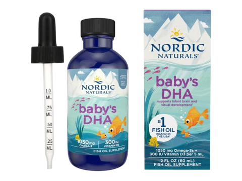 Nordic Naturals Baby DHA Liquid 1050mg Omega-3 + 300 IU D3 – 60ml Liquid bottle with dropper close-up