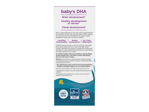 Nordic Naturals Baby DHA Liquid 1050mg Omega-3 + 300 IU D3 – 60ml Liquid bottle back label with product information
