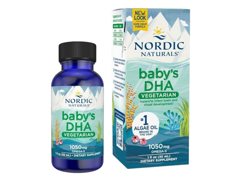 Nordic Naturals Baby's DHA Vegetarian 1050mg Omega-3 from Algae – 30ml Liquid box front packaging with bottle