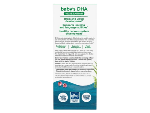 Nordic Naturals Baby's DHA Vegetarian 1050mg Omega-3 from Algae – 30ml Liquid bottle back label with product information