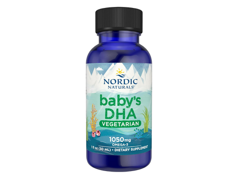 Nordic Naturals Baby's DHA Vegetarian 1050mg Omega-3 from Algae – 30ml Liquid bottle with dropper close-up