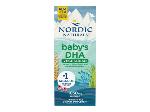 Nordic Naturals Baby's DHA Vegetarian 1050mg Omega-3 from Algae – 30ml Liquid box front packaging with bottle