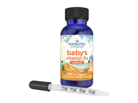 Nordic Naturals Baby's Vitamin D3 Drops 400 IU Cholecalciferol – 22.5ml Liquid bottle with dropper close-up