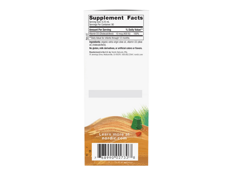 Nordic Naturals Baby's Vitamin D3 Drops 400 IU Cholecalciferol – 22.5ml Liquid Supplement Facts panel