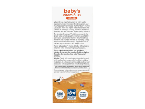 Nordic Naturals Baby's Vitamin D3 Drops 400 IU Cholecalciferol – 22.5ml Liquid bottle back label with product information