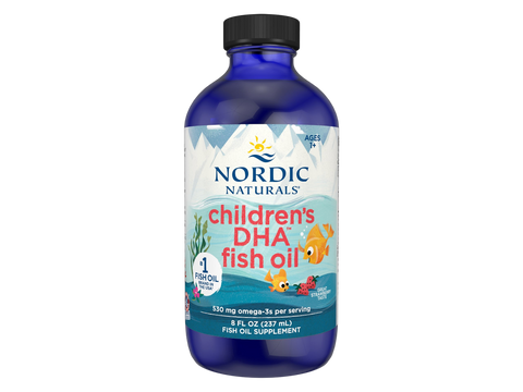 Nordic Naturals Children's DHA Fish Oil 530mg Omega-3 Liquid Strawberry Flavour – 237ml bottle front label