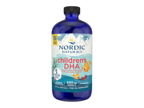 Nordic Naturals Children's DHA Fish Oil 530mg Omega-3 Liquid Strawberry Flavour – 473ml bottle front label