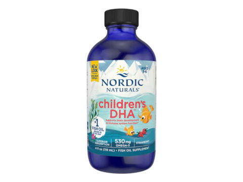 Nordic Naturals Children's DHA Fish Oil 530mg Omega-3 Liquid Strawberry Flavour – 119ml bottle front label