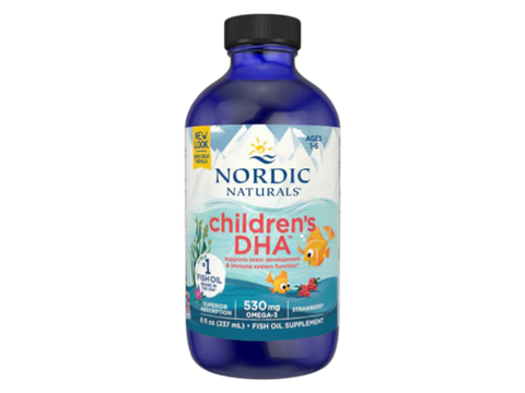 Nordic Naturals Children's DHA Fish Oil 530mg Omega-3 Liquid Strawberry Flavour – 237ml bottle front label