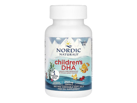 Nordic Naturals Children's DHA Strawberry 250mg Omega-3 Mini Soft Gels – 360 Mini Soft Gels bottle angled view
