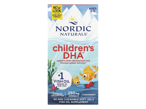 Nordic Naturals Children's DHA Strawberry 250mg Omega-3 Mini Soft Gels – 90 Mini Soft Gels bottle front label