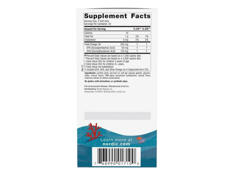 Nordic Naturals Children's DHA Strawberry 250mg Omega-3 Mini Soft Gels – 90 Mini Soft Gels product barcode on bottle packaging