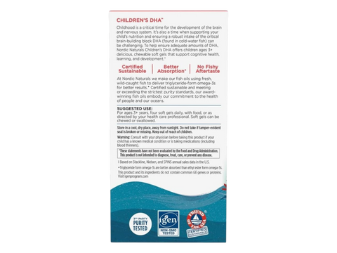 Nordic Naturals Children's DHA Strawberry 250mg Omega-3 Mini Soft Gels – 90 Mini Soft Gels suggested use and directions panel