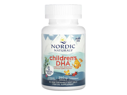 Nordic Naturals Children's DHA Strawberry 250mg Omega-3 Mini Soft Gels – 90 Mini Soft Gels bottle angled view