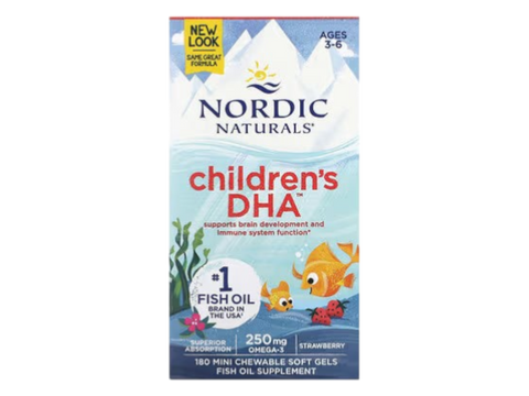 Nordic Naturals Children's DHA Strawberry 250mg Omega-3 Mini Soft Gels – 180 Mini Soft Gels bottle front label