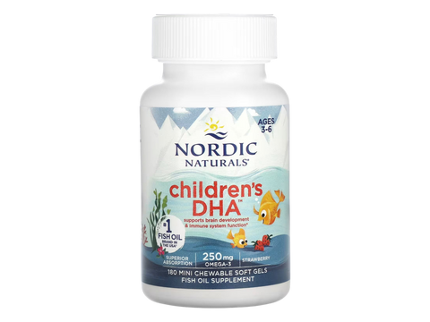 Nordic Naturals Children's DHA Strawberry 250mg Omega-3 Mini Soft Gels – 180 Mini Soft Gels bottle angled view