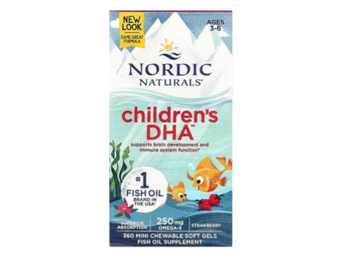 Nordic Naturals Children's DHA Strawberry 250mg Omega-3 Mini Soft Gels – 360 Mini Soft Gels bottle front label