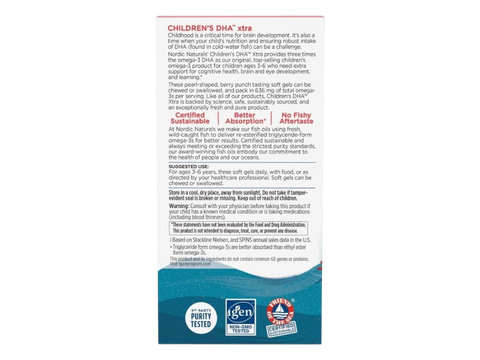 Nordic Naturals Children's DHA Xtra 636mg Omega-3 Berry Punch – 90 Softgels suggested use and directions panel