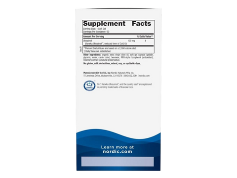 Nordic Naturals CoQ10 Ubiquinol 100mg Active Coenzyme Q10 – 60 Softgels Supplement Facts panel