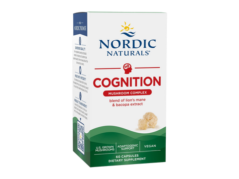 Nordic Naturals Cognition Mushroom Complex Lion's Mane and Bacopa – 60 Capsules bottle angled view