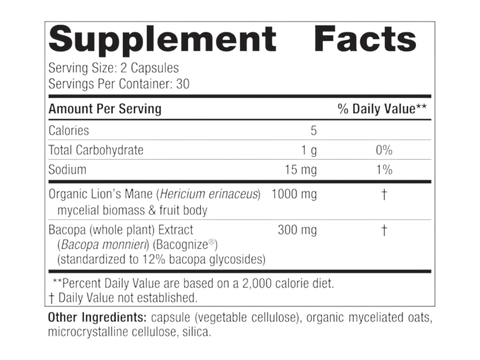 Nordic Naturals Cognition Mushroom Complex Lion's Mane and Bacopa – 60 Capsules Supplement Facts panel