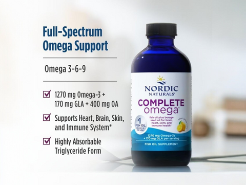Nordic Naturals Complete Omega-3 Blend EPA DHA GLA Lemon Flavour – 237ml Liquid ingredients and product details panel