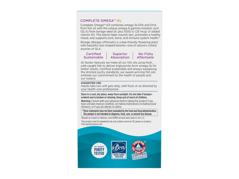 Nordic Naturals Complete Omega-D3 Softgels Lemon Flavour 1000 IU D3 – Softgels suggested use and directions panel