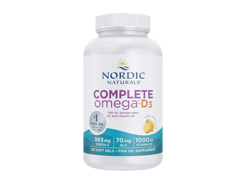 Nordic Naturals Complete Omega-D3 Softgels Lemon Flavour 1000 IU D3 – 120 Softgels bottle angled view