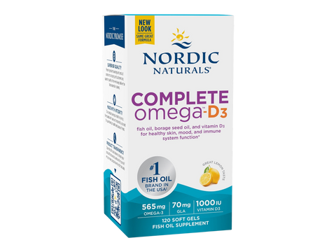 Nordic Naturals Complete Omega-D3 Softgels Lemon Flavour 1000 IU D3 – 120 Softgels bottle front label