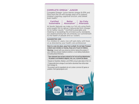 Supplement facts and ingredients label for Complete Omega Jr.