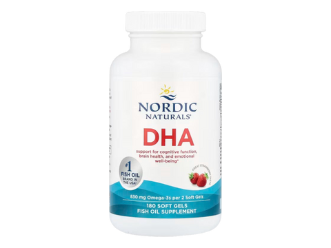 Nordic Naturals DHA Omega-3 830mg Non-GMO Strawberry Flavour Softgels – 180 Softgels bottle angled view