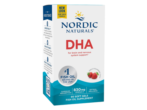 Nordic Naturals DHA Omega-3 830mg Non-GMO Strawberry Flavour Softgels – 90 Softgels bottle front label