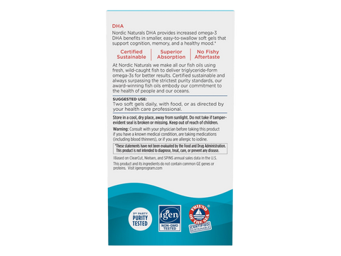 Nordic Naturals DHA Omega-3 830mg Non-GMO Strawberry Flavour Softgels – 90 Softgels bottle back label with product information