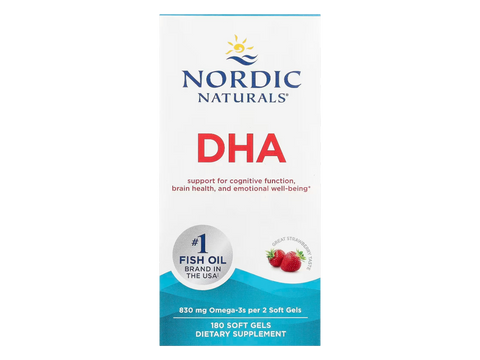 Nordic Naturals DHA Omega-3 830mg Non-GMO Strawberry Flavour Softgels – 180 Softgels bottle front label