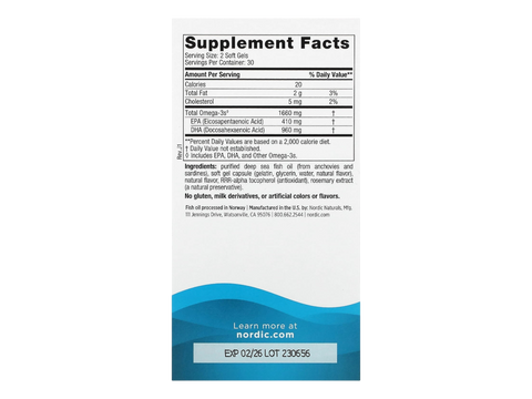 Nordic Naturals DHA Xtra Omega-3 1660mg Fish Oil – 60 Softgels Supplement Facts panel