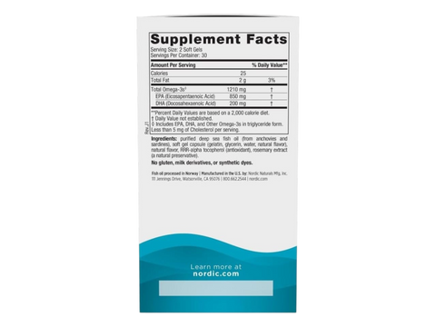 Nordic Naturals EPA Lemon 1210mg Omega-3 per Serving – 60 Softgels Supplement Facts panel