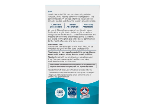 Nordic Naturals EPA Lemon 1210mg Omega-3 per Serving – 60 Softgels plastic bottle back label with product information